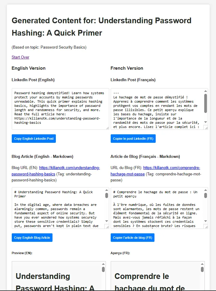 Interface du générateur de contenu IA