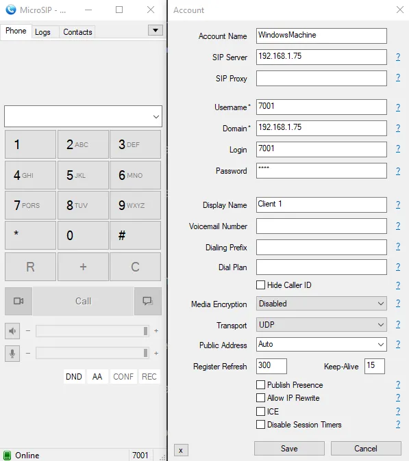 Configuration du client MicroSIP